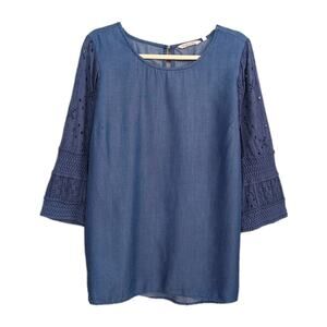 SOFT SURROUNDINGS Blue Chambray Tunic Contrast Eyelet Sleeve Women's Medium